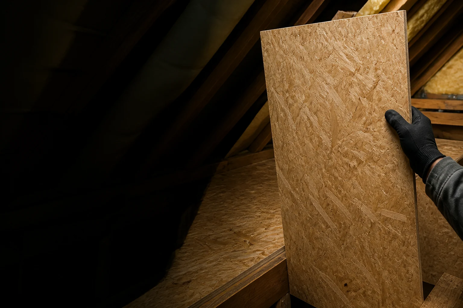 A fitter rotating a structural loft board inside a timber loft