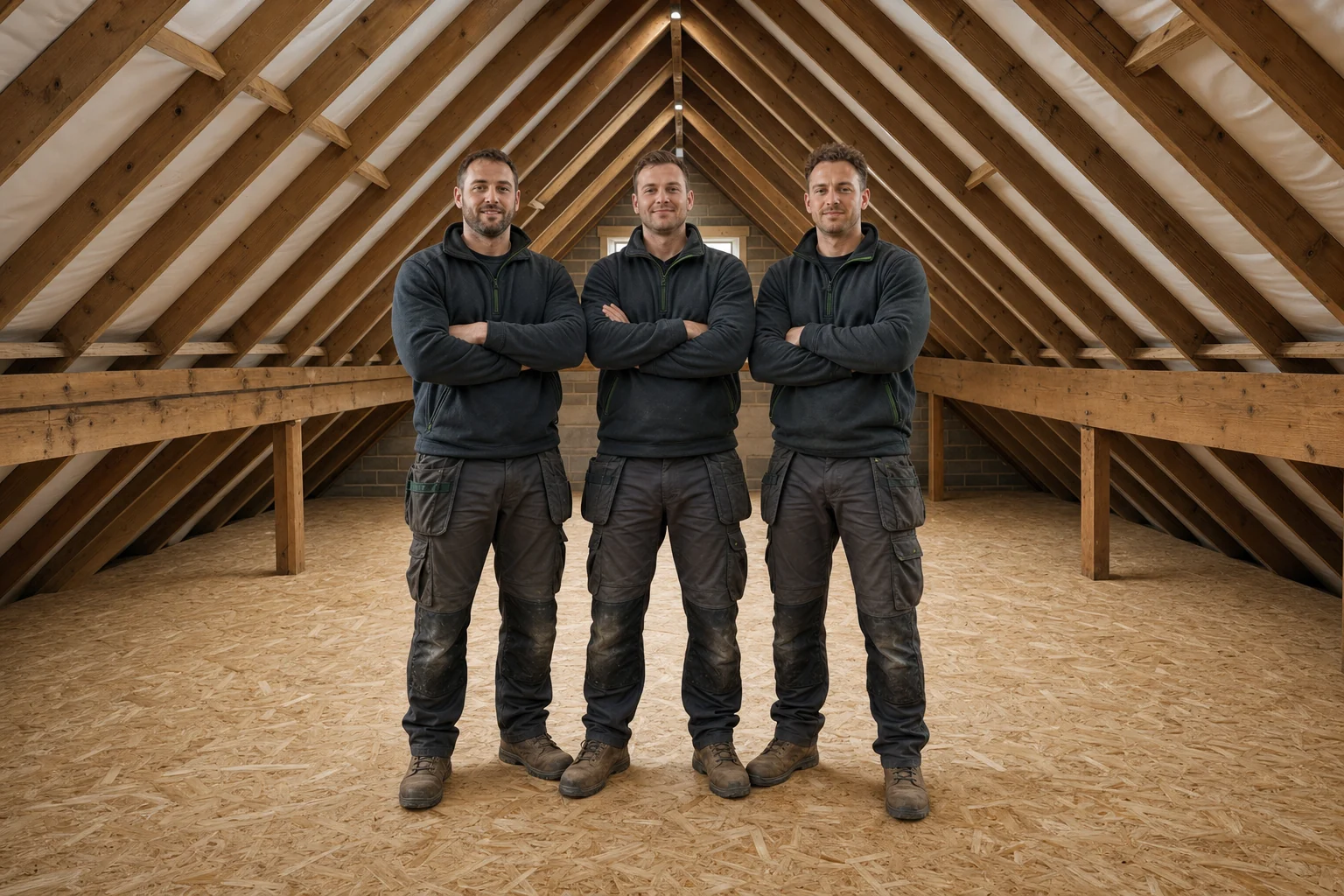 Loft fitters standing together in a completed boarded loft