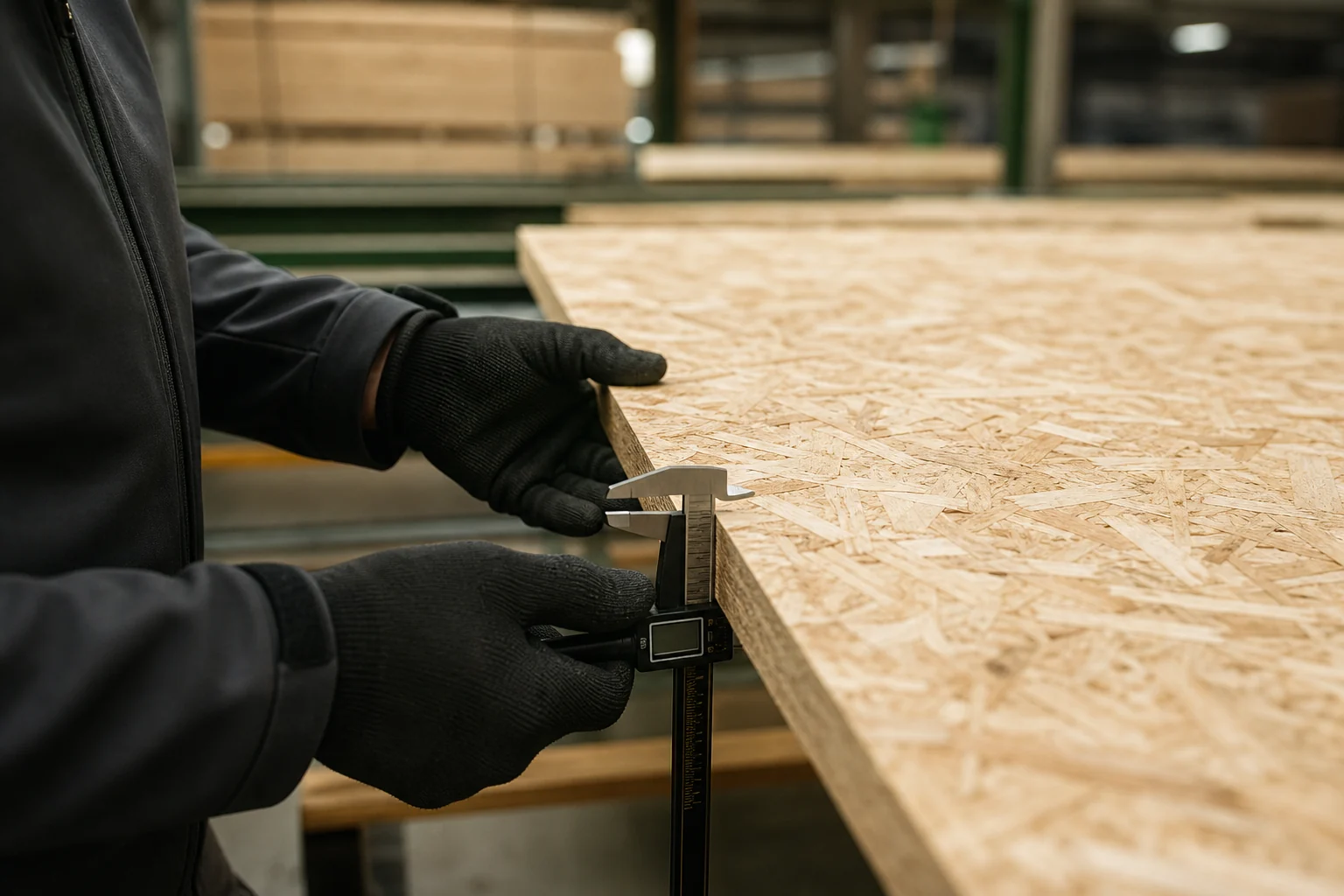 A technician checking the thickness and edge of a structural board